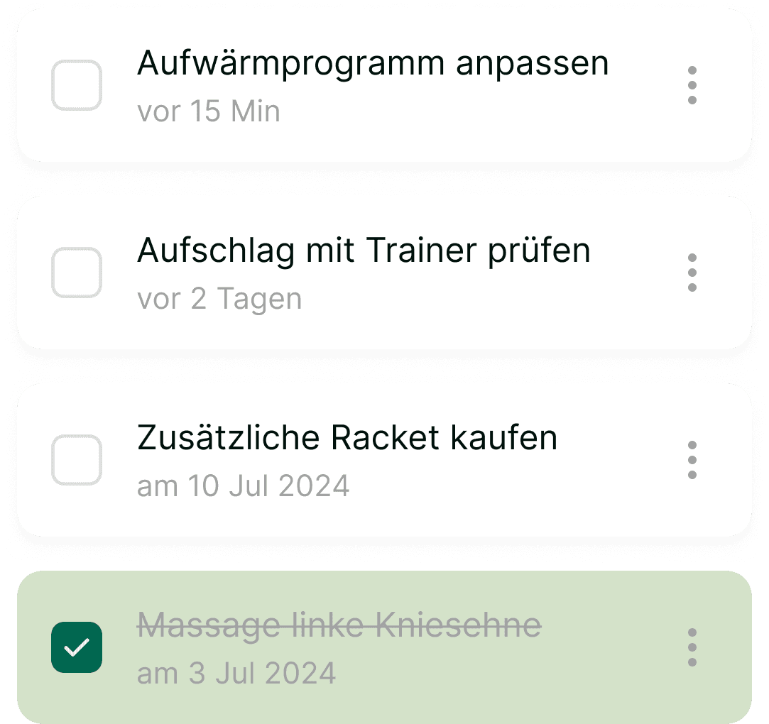 Einfache Möglichkeit, Trainings, Aufgaben, Verbesserungen und Matches zu verfolgen